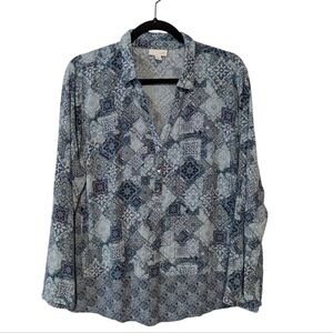 J Jill Women's Tile Print Popover Top Long Sleeve V Neck half button Size XL.